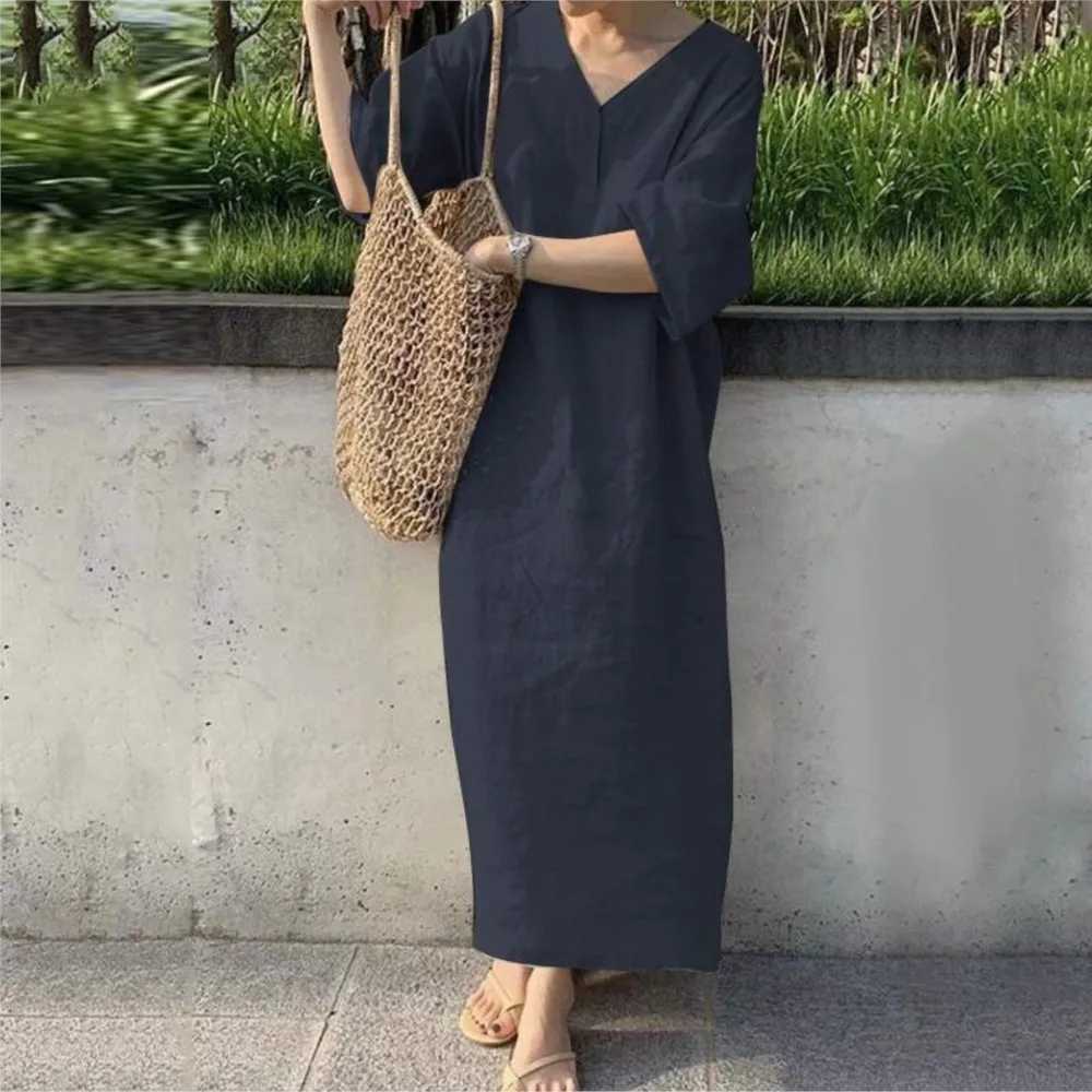 Short sleeved V-neck womens solid color casual cotton linen dress suitable for womens summer loose long skirts elegant womens clothing M250304