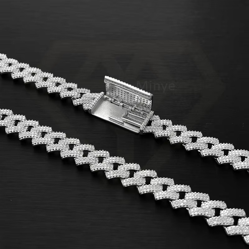 S925 Sterling Silver 18K White Gold Plating Moissanite Cuban Chain Necklace 10mm 2rows 20 Inch Moissanite Cuban Link Chain