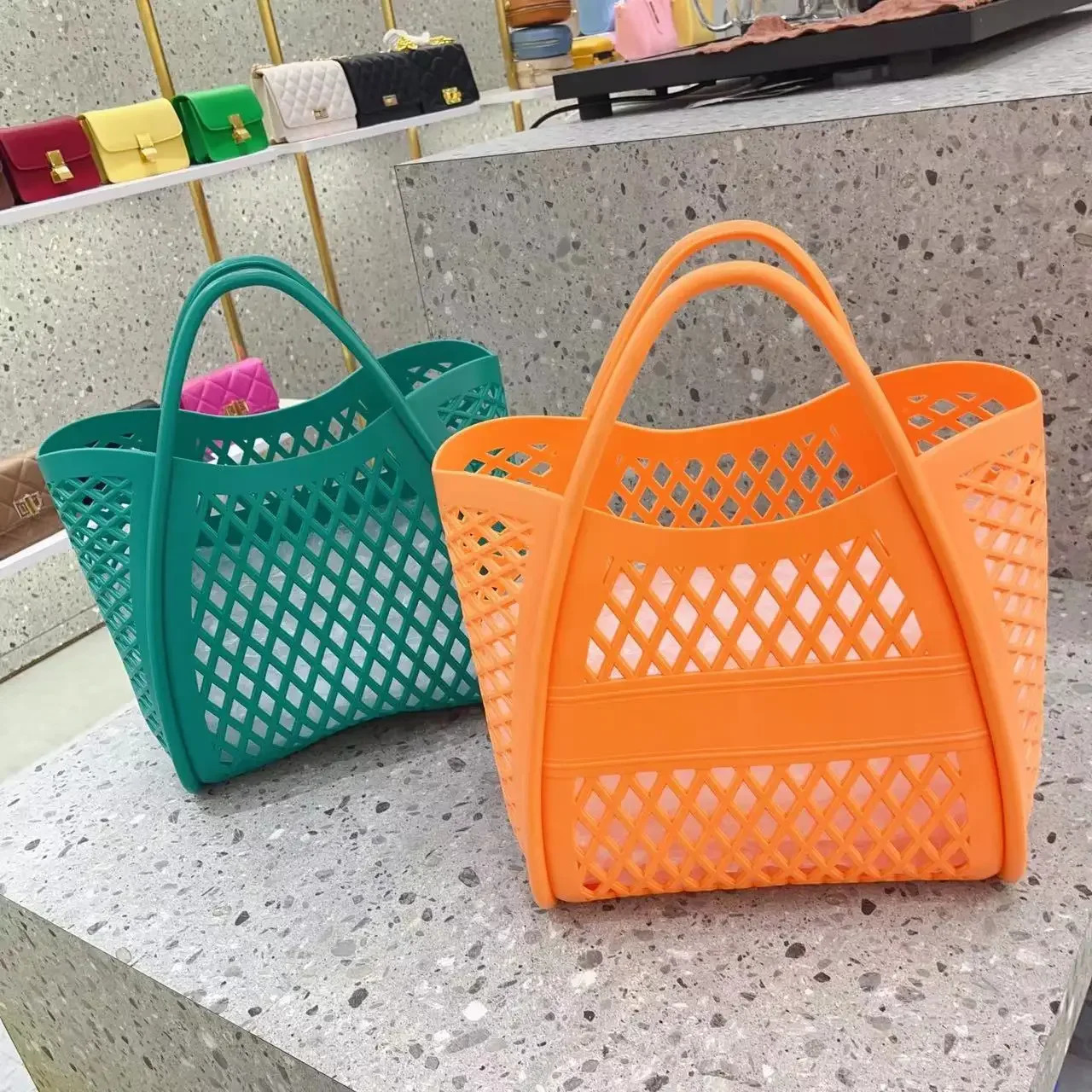 Silicone Hollow Out Handbag Basket PVC Beach Bag Shower Basket Picnic Storage Bag Motorcycle Equipment Accessories250314bj