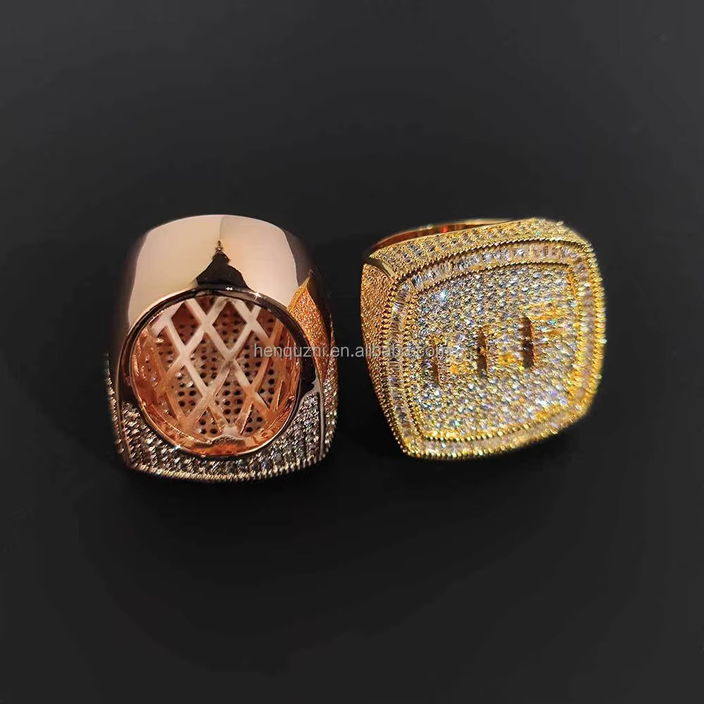Luxury Mens Fashion Custom Gold Silver Plated Hiphop Style Moissanite Diamond Ring Square Design