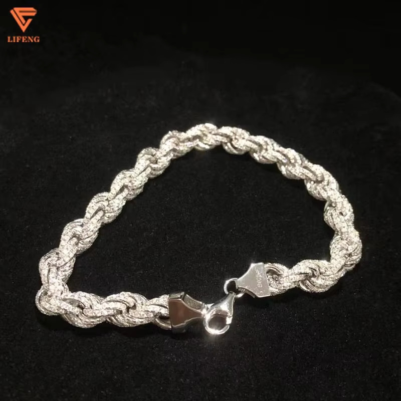 Fashion Jewelry White Gold 925 Sterling Silver Bracelet Iced Out 8 mm VVS Moissanite Hip Hop Rope Chain Charm Bracelet for Men