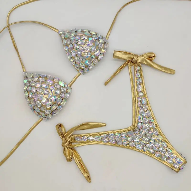 bikini 2-piece swimsuit sexy womens rhinestone bra and thong set push up high waisted swimsuit shiny fashionable beachwear 250313