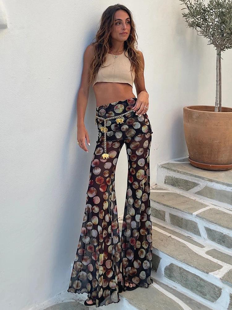 Women's Pants Mozision Mesh Leopard Print Trousers Woman Fashion High Waist Wide Leg Female Elegant Printed Long Bottoms