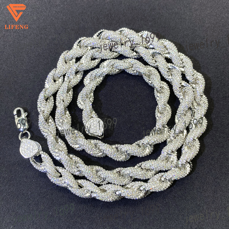 Custom 8mm White Gol Rope Necklace Iced Out VVS Moissanite 925 Sterling Silver Rope Chain for Women Fashion Party Jewelry