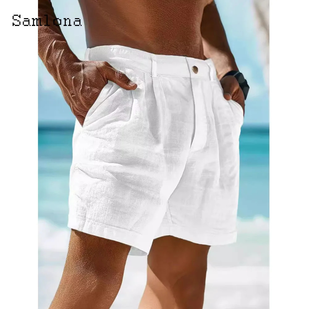 Mens Vintage Stand Pocket Cotton Linen Shorts 2024 European Style Casual Beach Short Pants Solid White Khaki Button Fly pants 250313