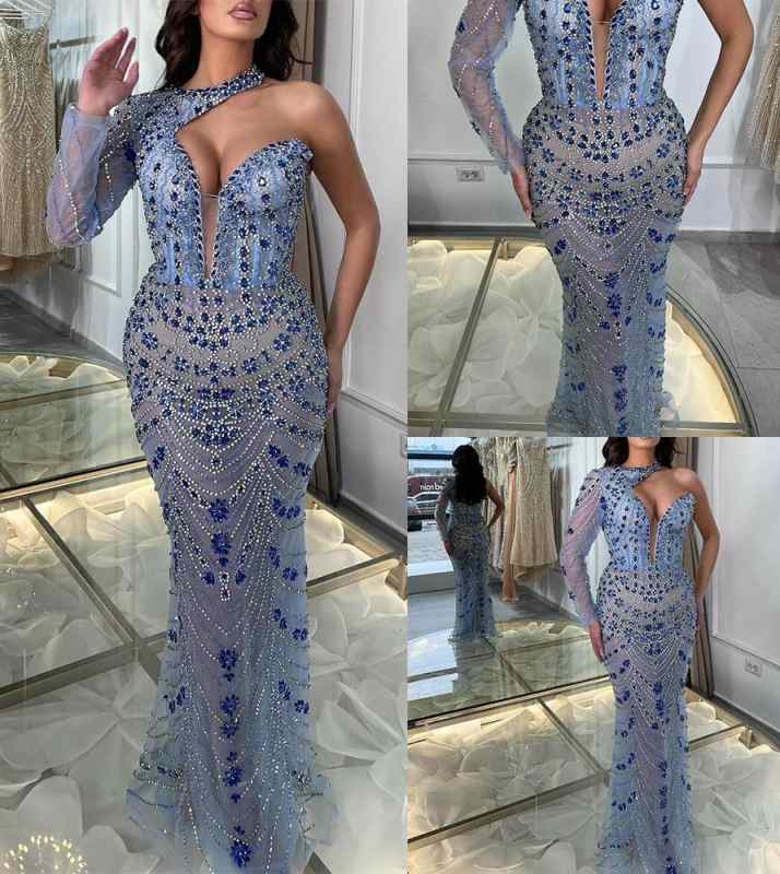 Evening Dresses For Women One Shoulder Long Sleeves Gown Crystal Sequins Detachable Train Party Customized Dress