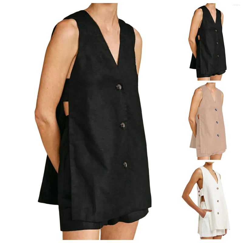 Womens Tracksuits Summer 2 Piece Sets Pure Cotton Sleeveless Top And Shorts Suits Streetwear Button Up Loose Short Pants For Women
