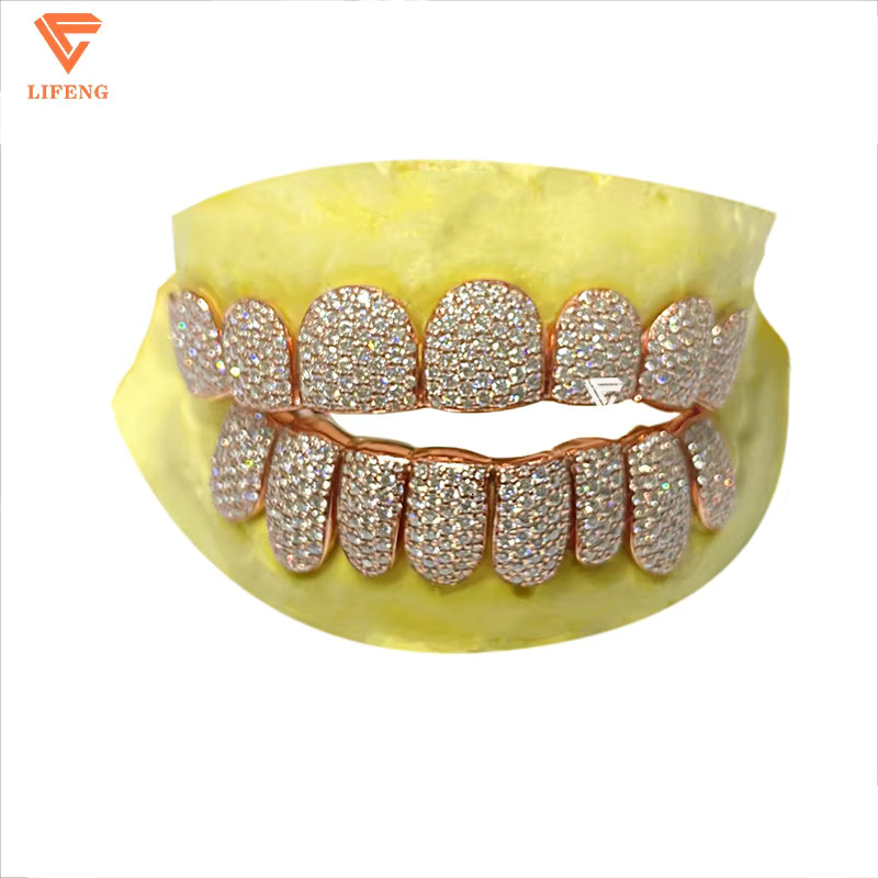 Rose Gold Deep Cut Teeth Grillz Iced out VVS Moissanite Silver Grillz Custom Hiphop Jewelry Men Rapper Punk 8/8 Diamond Grillz