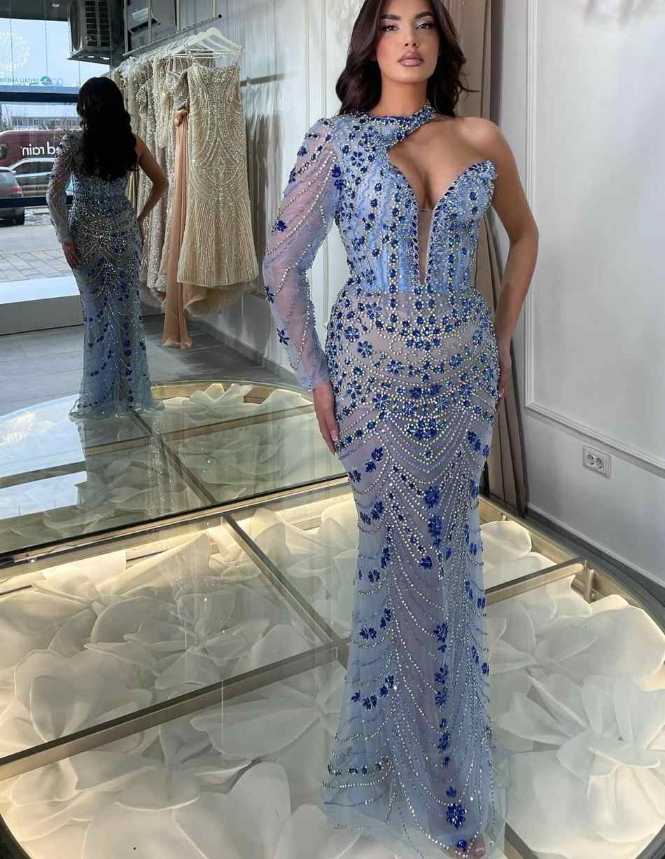 Evening Dresses For Women One Shoulder Long Sleeves Gown Crystal Sequins Detachable Train Party Customized Dress