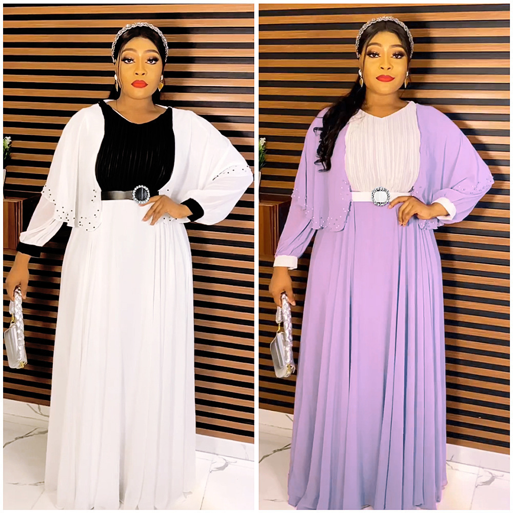 Plus Size Dresses Beaded Diamond Long Sleeve Belt Chiffon Dress Loose Floor Dragging Long Dress For Women 3xl 4xl 240318