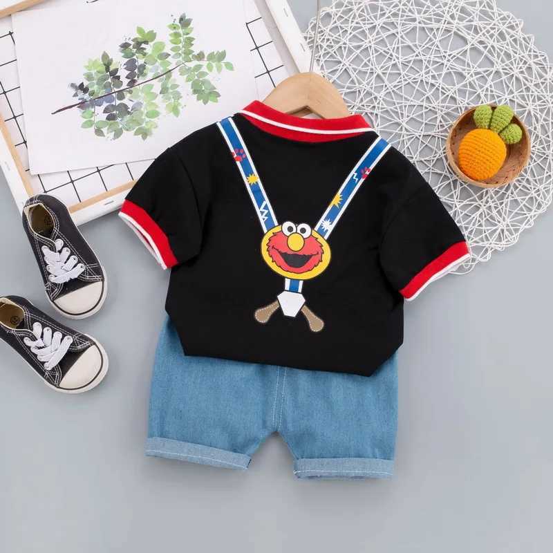 Baby Clothing Cute Sesame Street Printed Clothing Set Summer Soft Polo T-shirt+Shorts 2-piece Set W250317 y250607M6L0