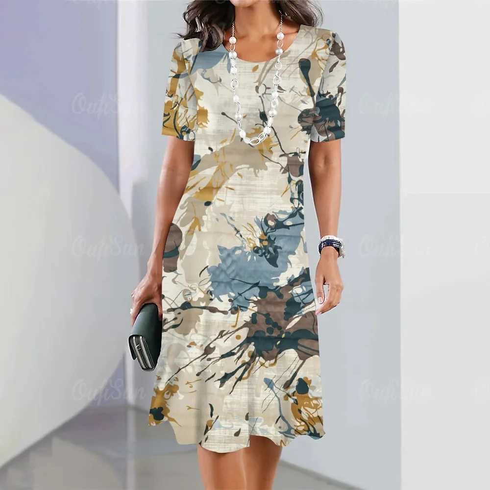 Summer Woman Clothing Short Sleeves Dresses Irregularly Printing Long Dress 3d Retro Womens Clothing Loose Round Neck Pullover M250304