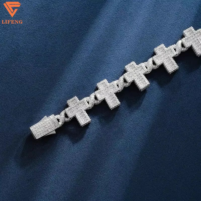 New Arrival 8mm Moissanite Cross Letter Cuban Link Chain Hiphop Jewelry S925 Pass Diamond Tester Iced Out Cuban Bracelet for Men