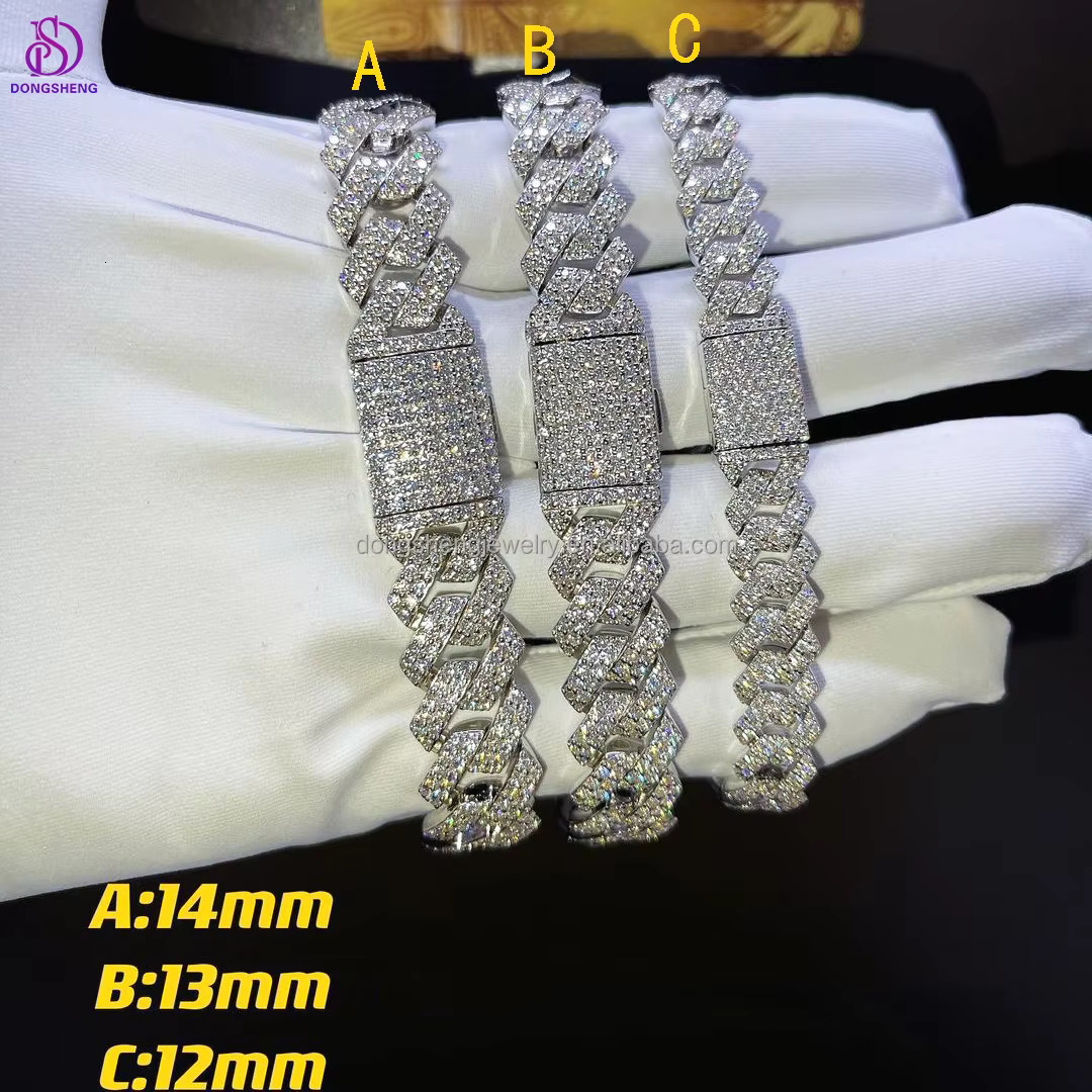 Wide Diamond Hip Hop Fashion Jewelry Iced Out VVS Moissanite Cuban Bracelet for Men and Women 12mm 13mm 14mm Silver Customize C5