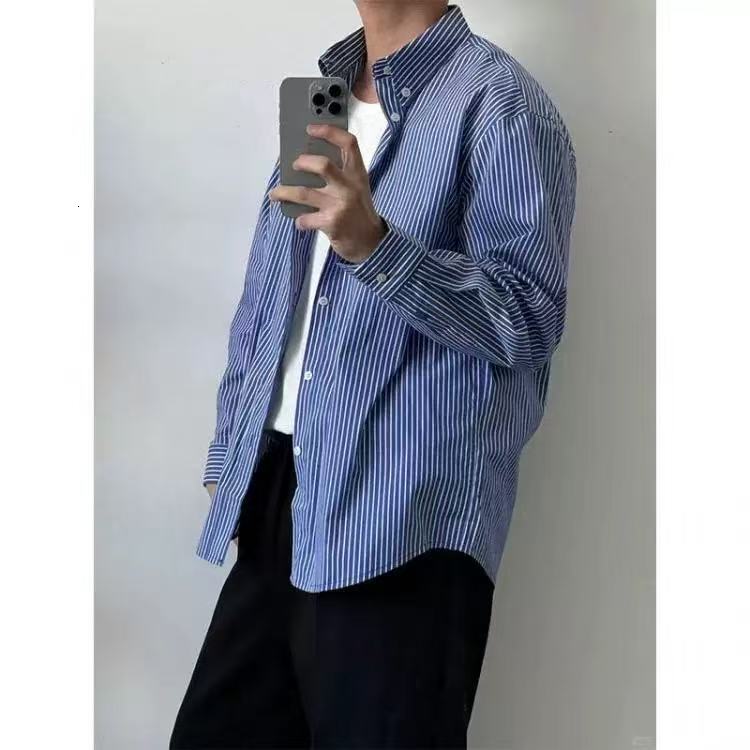 Men's Long Sleeved Striped Lapel Uniform Chic Fashionable Shirts Casual Slim Fit Tops Spring And Autumn Wear Blouses