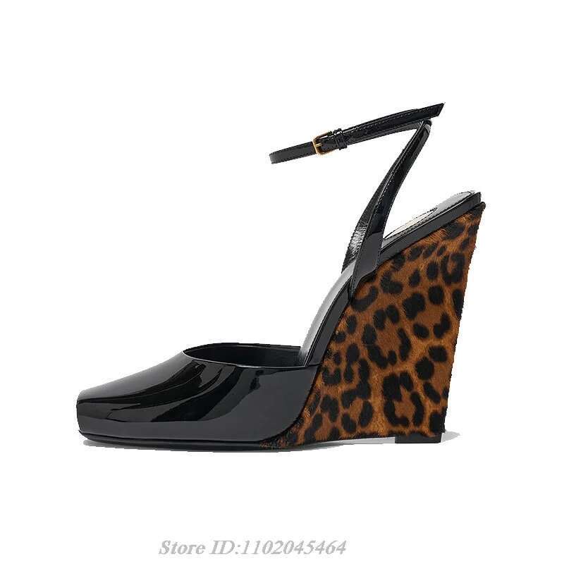 Chic Peep Toe Patent Leather Wedges Sandals Women's 2025 Summer New in Ankle Strap High Heels Designer Party Sexy Shoes