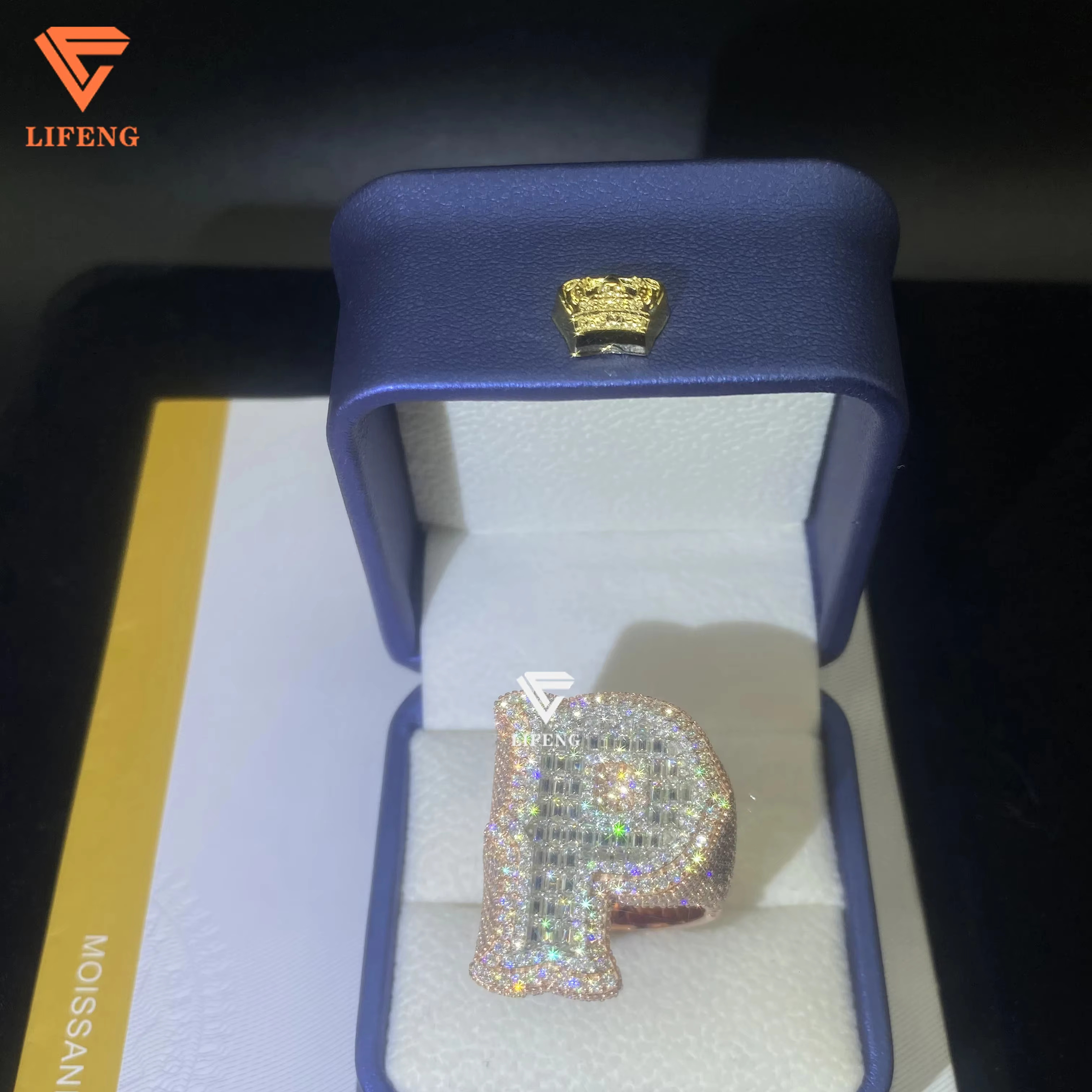 Mens Fine Jewelry 925 Silver Rose Gold Plated Moissanite Diamond Initial Letter P Ring Cut Hand Shape for Parties