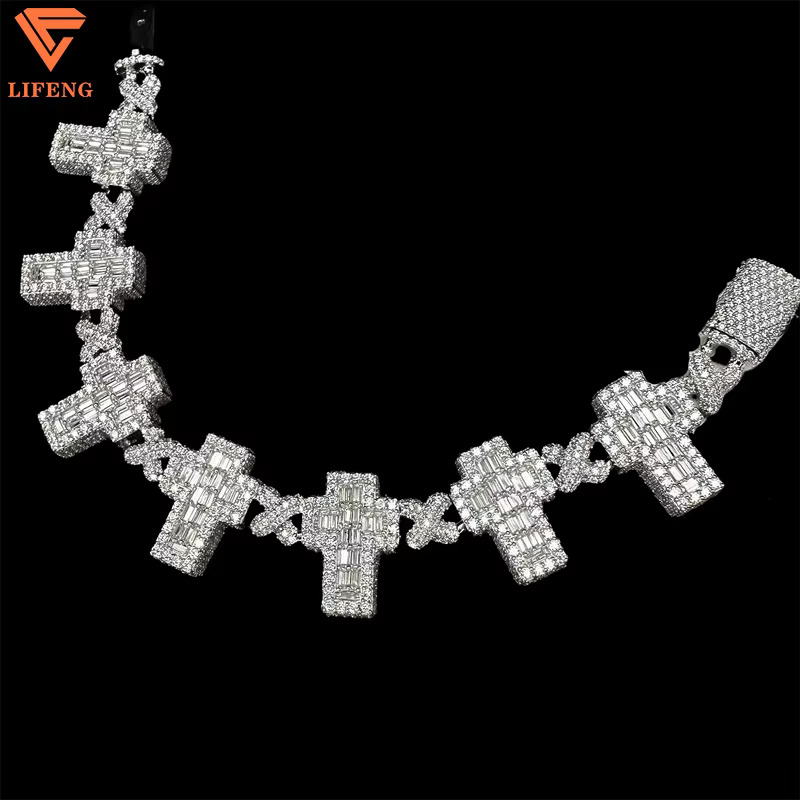 Mens Custom Cross Baguette Cut Bracelet Fashion Pass Diamond Test Hip Hop 925 Sterling Silver With Gold VVS1 Moissanite Gift