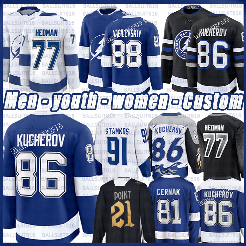 86 Nikita Kucherov Jersey Andrei Vasilevskiy Lightning Jersey Brayden Point Erik Cernak Brandon Hagel Steven Stamkos Emil Lilleberg Tampa Bay Hockey Jerseys