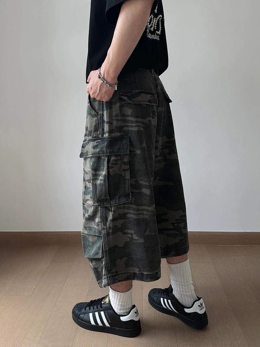 REDDACHIC vintage camouflage cargo denim shorts mens washed pleated high rise multi pocket jeans Jorts Harajuku streetwear 250314