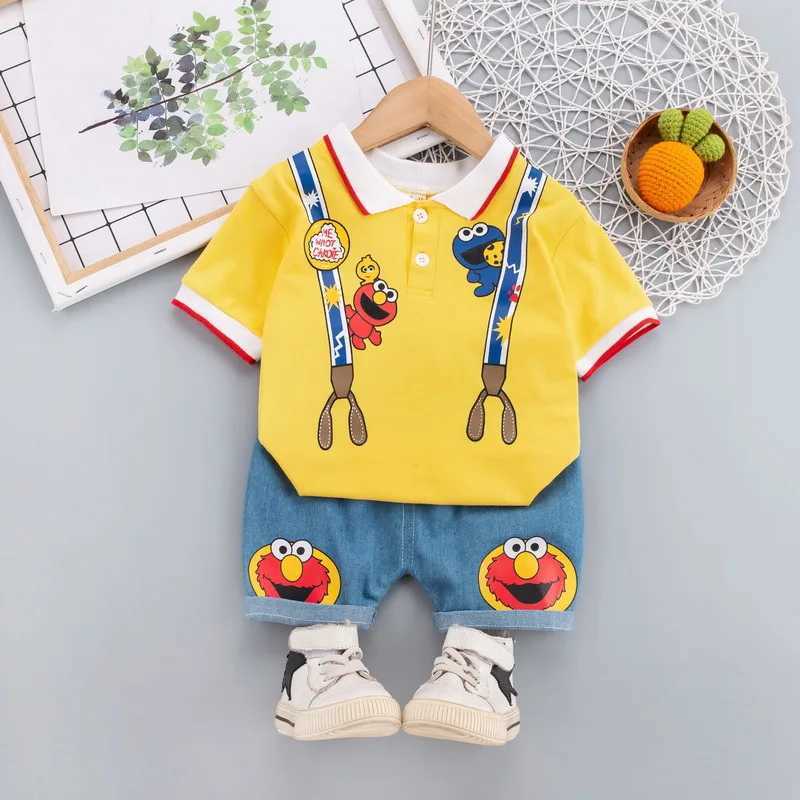 Baby Clothing Cute Sesame Street Printed Clothing Set Summer Soft Polo T-shirt+Shorts 2-piece Set W250317 y250607M6L0