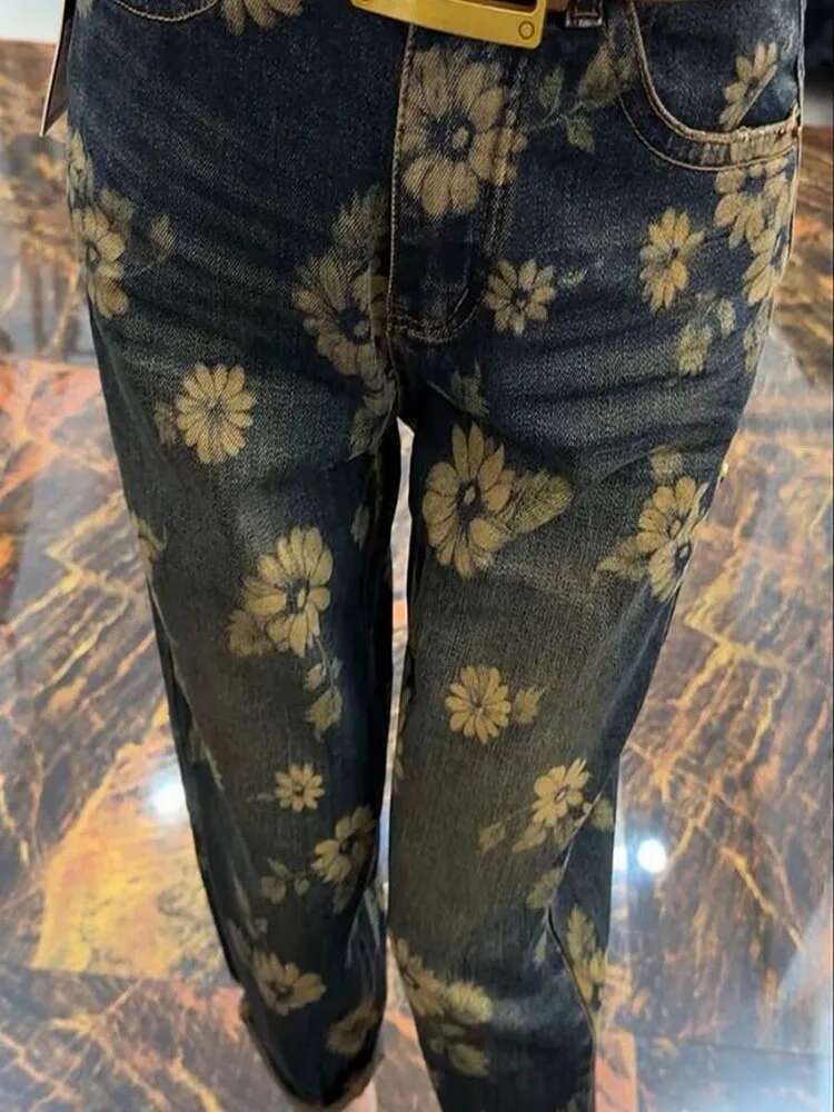 2025 New Printed Denim Pants Large Loose High Waist Retro Casual Pants Designer Women's Korean Jeans Pants No Print5