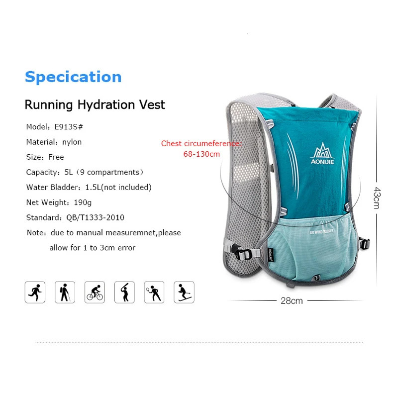 AONIJIE E913S 5L Moisturizing Bag Backpack Rucksack Bag Tank Top 2L Water Bladder Hiking Running Marathon Racing Sports Water Bottle 250313