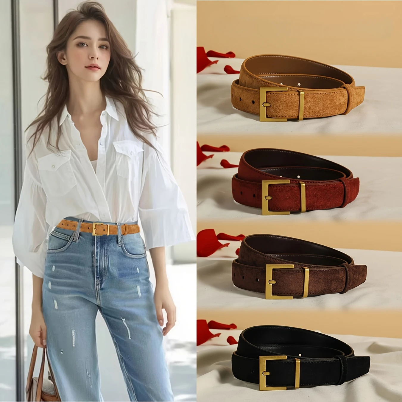 Womens Double Genuine Leather Belt Fashionable Cowhide Suede Belts with Square Alloy Buckle for Dresses Jeans Casual Wear 250312