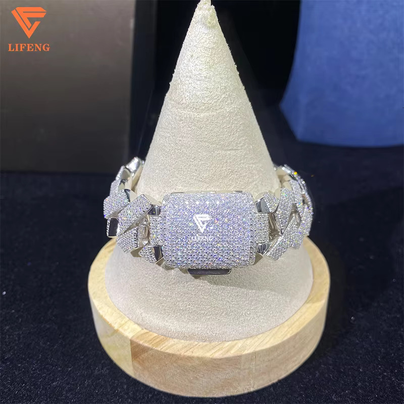 Hip Hop Jewelry Moissanite Bracelet 4rows 20mm Wide 925 Silver VVS Moissanite Iced Out Diamond Cuban Link Chain Bracelet Men