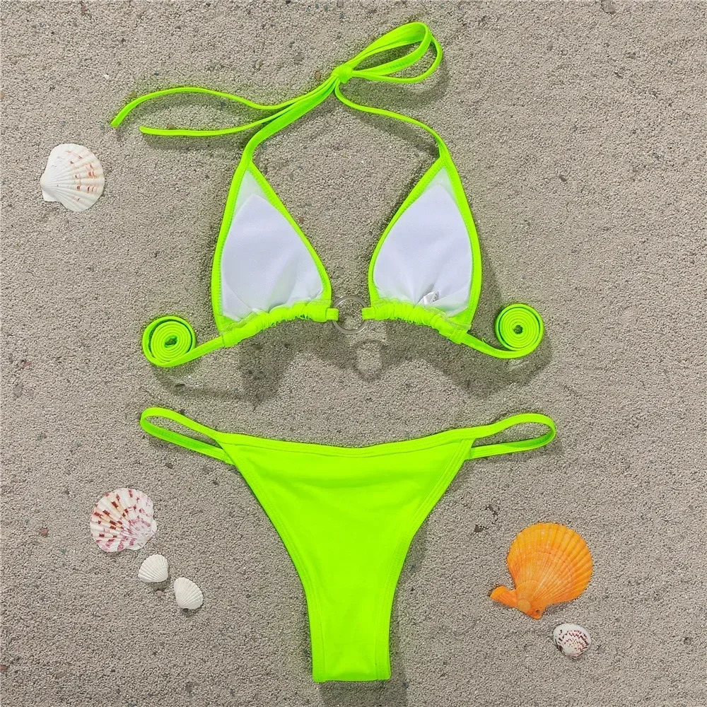 Sexy Micro Triangle Bikini Women Diamond Push Up Thong Halter Swimsuit Female Cut Out Bathing Suit Shiny Swimwear 250314