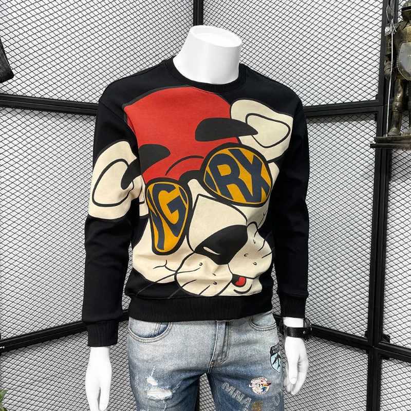 Autumn and winter mens fashion trends interesting cartoon printed wool sportswear Y2K casual streetwear round neck long sleeved loose floral hooded sw