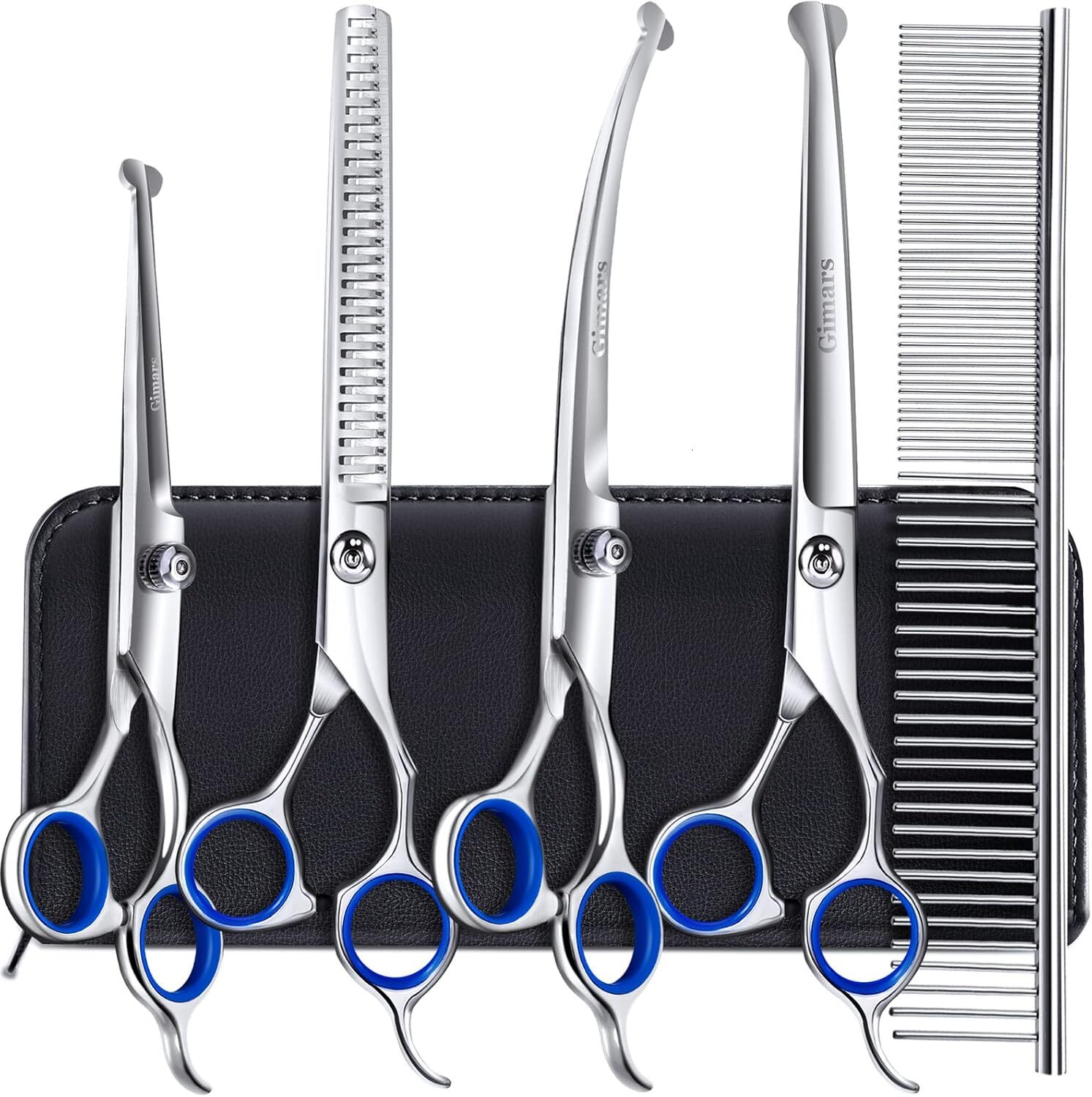 Gimars Titanium Coated Professional 6 in 1 4CR Stainless Steel Dog Grooming Scissors with Safety Round Tip, Heavy Duty Pet Grooming Scissor for Dogs, 