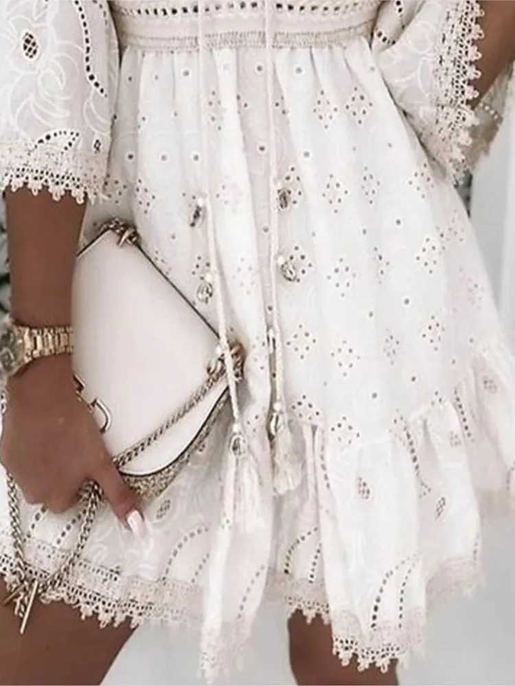 Elegant Women White Hollow Lace Mini Dress Summer V-neck Patchwork Lace Up Three Quarter Sleeve Ladies Vacation Beach Dresses M250304
