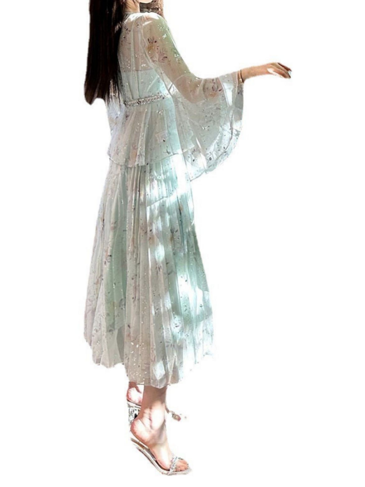 L123 Summer new style French retro dress for women Hepburn style V-neck chic long skirt