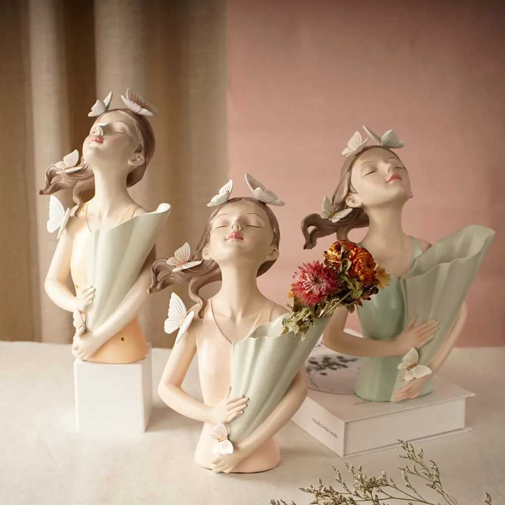 30cm Butterfly and Girl Vase Statue Handmade Modern Art Figurines Home Decoration Living Pink Room Interior Bedroom Decor Resin X250317