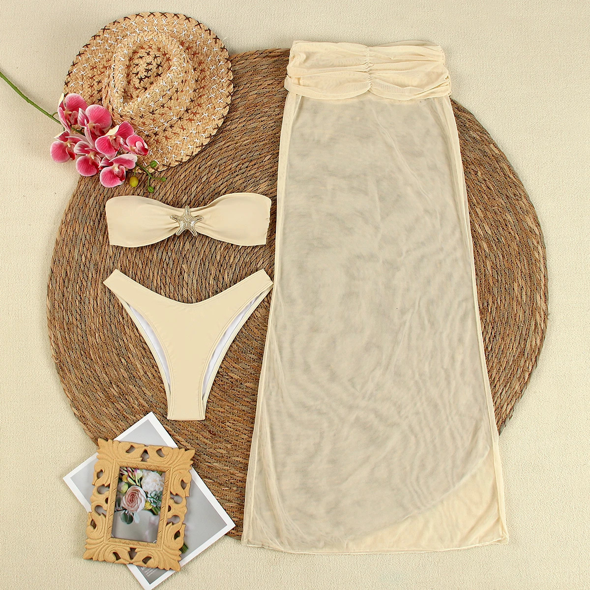 Sexy Starfish 3 pieces Micro Bikinis Women Swimsuit Swimwear Bathing Suit Beachwear With Long Skirt Bikini Set Biquini 250314
