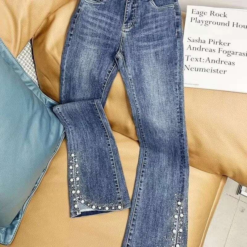 2025 New Women's Hot Diamond Beaded Split Jeans Designer Spring/Summer High Waist Slimming Bellbottom Pants Denim Pants5