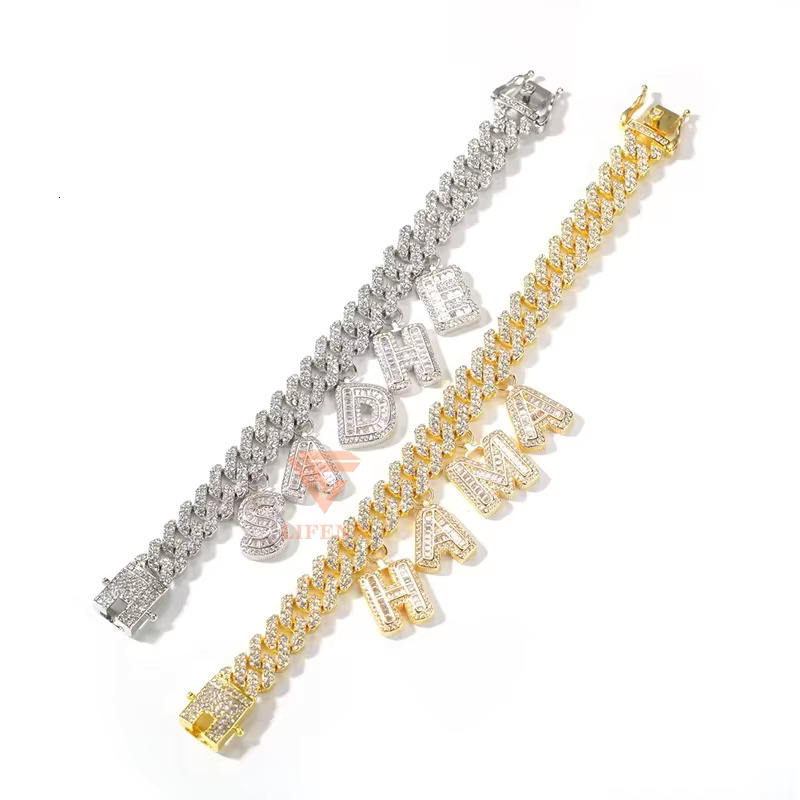 Custom Baguette Letter 12mm Cuban Link Chain Bracelet Personalize Initial Name 925 Silver VVS Chain Moissanite Hip Hop Jewelry
