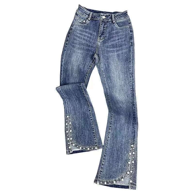 2025 New Women's Hot Diamond Beaded Split Jeans Designer Spring/Summer High Waist Slimming Bellbottom Pants Denim Pants5