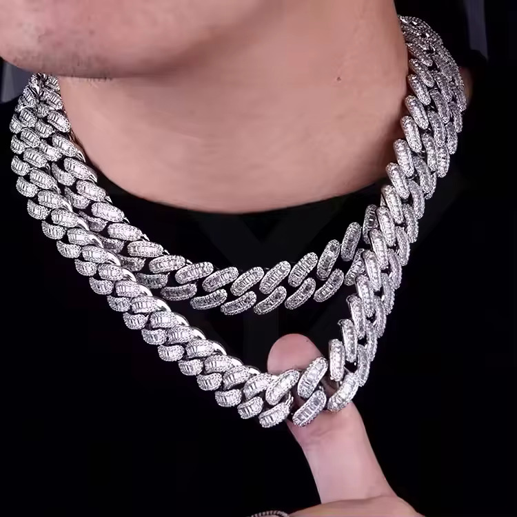 Full Iced Out Mens Bling Hiphop Jewelry Brass Baguette Cuban Link Chain 16mm Miami Cuban Chain
