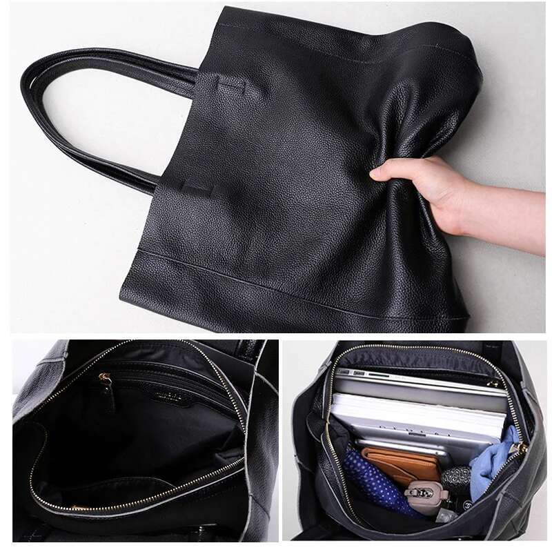 Genuine Women Casual Tote Female Simple Fashion Handbag Lady Cowhide Leather Daily Use Shoulder Shopping Bag