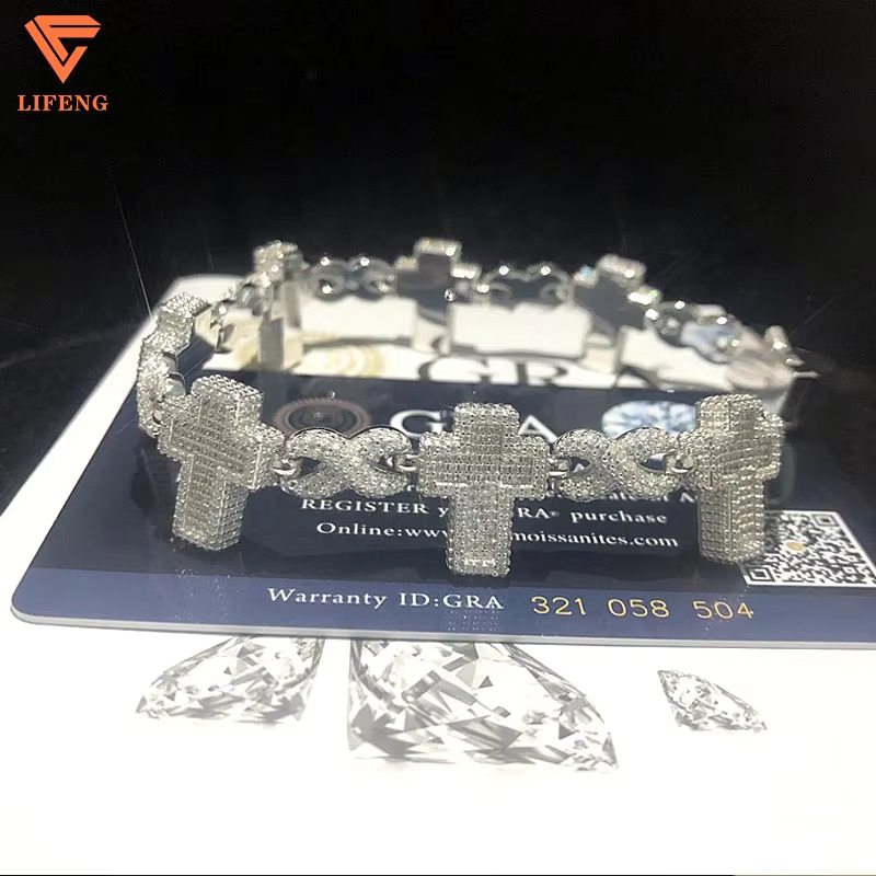Mens Custom Cross Baguette Cut Bracelet Fashion Pass Diamond Test Hip Hop 925 Sterling Silver With Gold VVS1 Moissanite Gift