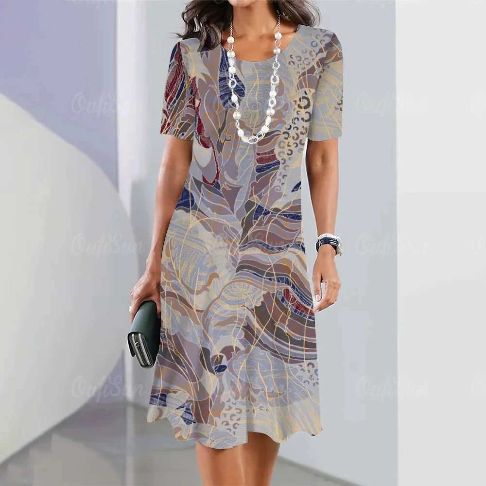 Summer Woman Clothing Short Sleeves Dresses Irregularly Printing Long Dress 3d Retro Womens Clothing Loose Round Neck Pullover M250304