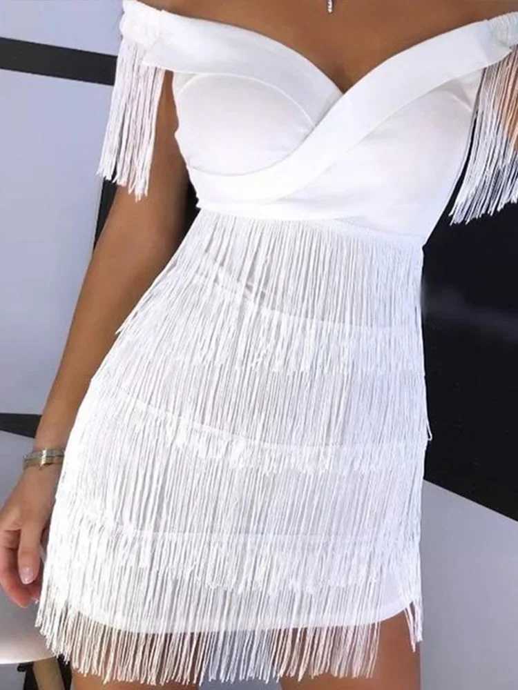 Sexy Sleeveless Bodycon Dress Women White Off Shoulder Tassel Female Short Dresses Summer Party Club Bandage M250304