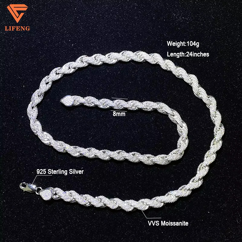 Custom 8mm White Gol Rope Necklace Iced Out VVS Moissanite 925 Sterling Silver Rope Chain for Women Fashion Party Jewelry