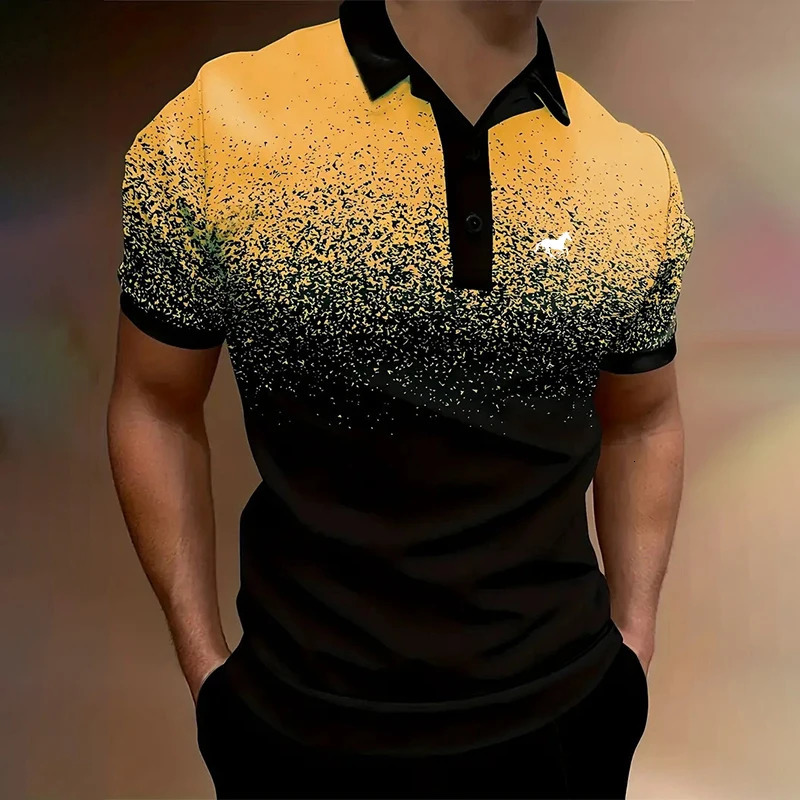 100% Polyester Men Clothes Summer Short Sleeve Fashion Gradient Color Polo Shirt Men Slim Fit Business Causal Golf Polo Shirt 250317