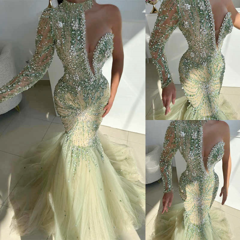 Sexy Mermaid Evening Dresses For Women One Shoulder Long Sleeves Gown Sequins Crystal Pearls Sweep Train Party Customized Dress