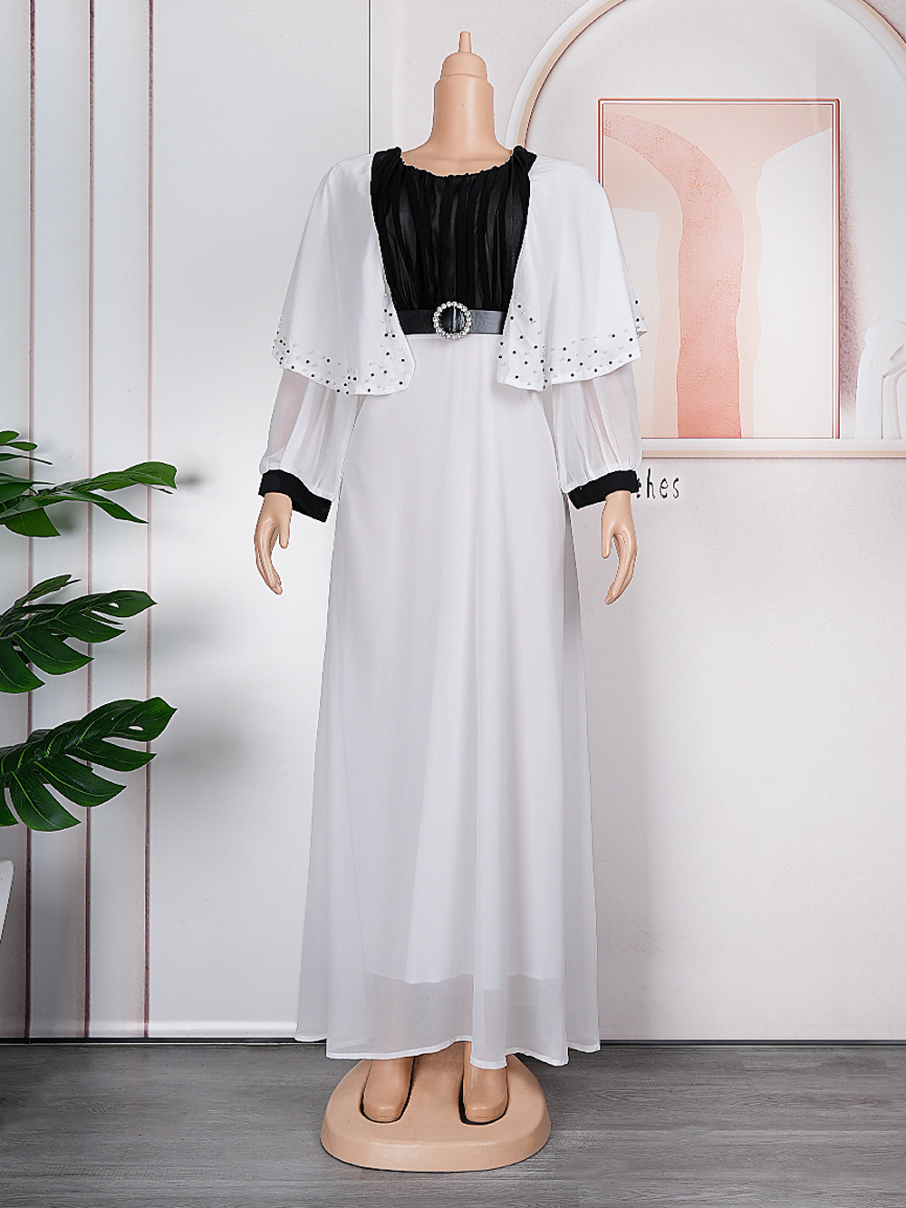 Plus Size Dresses Beaded Diamond Long Sleeve Belt Chiffon Dress Loose Floor Dragging Long Dress For Women 3xl 4xl 240318