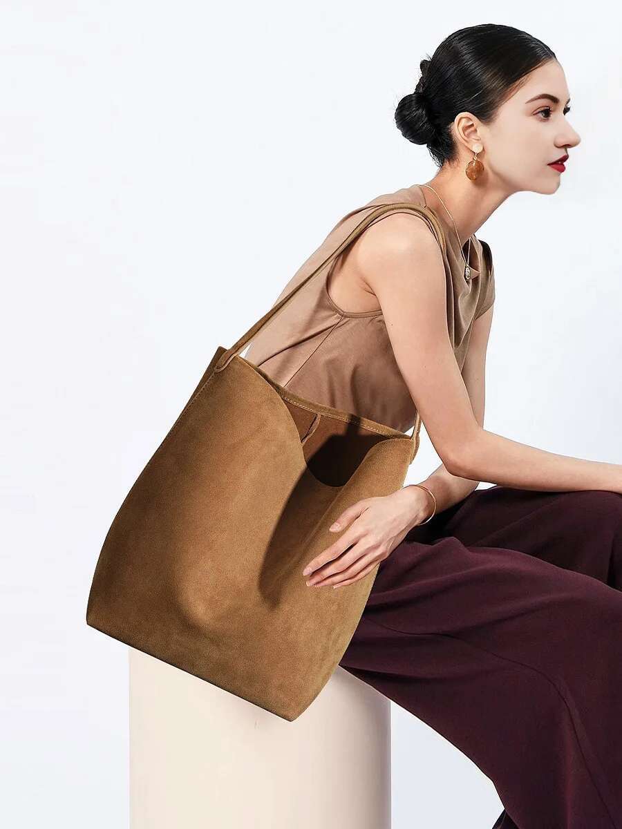 2024 Autumn New Women Suede Lady Large Capacity Bucket Tote Female Underarm Shoulder Bag Commuter Soft Split Leather Handbag