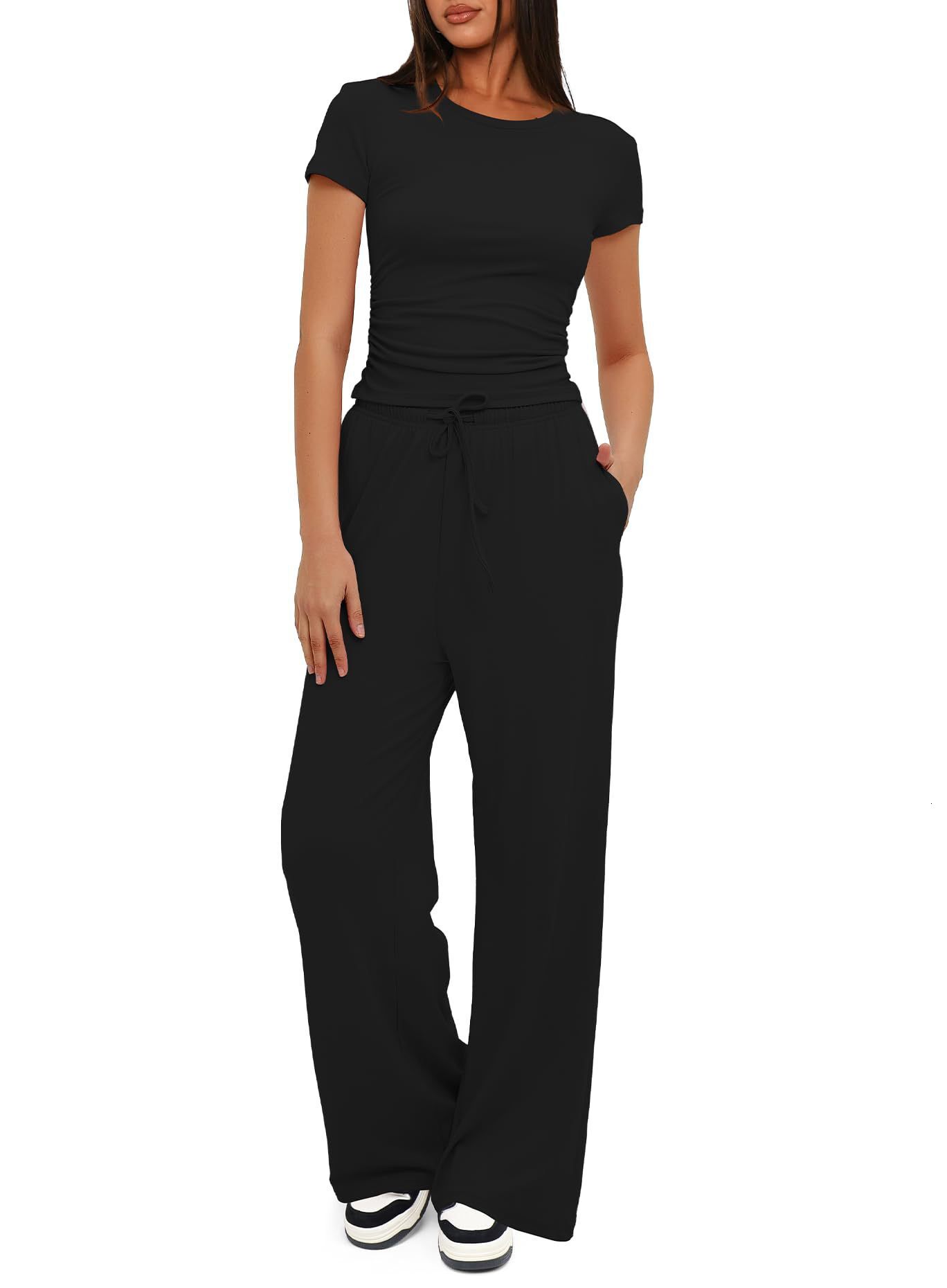 New Solid Color Casual Set Pleated Short Sleeve T-shirt Two Piece Top High Waist Wide Leg Pants Sportswear